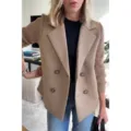 Women wool blend spliced blazer coat, stylish double breasted casual outerwear for spring. - XS / Brown