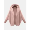 Women solid color long sleeve hooded loose fluffy fleece coat casual outerwear pink - S / Pink