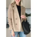 Women casual knit spliced woolen coat stylish double breasted outerwear for daily wear spring. - XS / Khaki