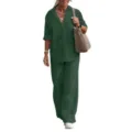 Women's two piece long sleeve shirt and wide leg trousers set casual solid color green outfit. - S / Top And Bottom / Dark Green