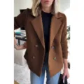 Women's stylish contrast knit sleeve double-breasted woolen blazer coat for spring casual. - XS / Coffee