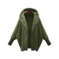 Army Green Hooded Fleece Cardigan, Casual Long Sleeve Batwing Loose Plush Coat Variant - S / Army Green