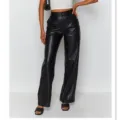 Black high waist PU leather straight leg pants, stylish casual women's trousers var. - S / Black