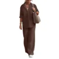 Women casual two piece set long sleeve shirt wide leg pants solid color outfit apparel. - Dark Brown