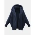 Solid color long sleeve hooded fleece cardigan coat women navy blue winter casual outerwear - S / Navy Blue