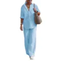 Casual light blue two piece linen set featuring long sleeve shirt and wide leg pants. - Light Blue