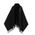 Eleganter schwarzer Damen Strick-Poncho mit weichem Kunstpelzkragen und Fransen-Design - Morgenmantel / Schwarz / 180cm