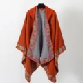 Bohemian hooded woven poncho shawl in rust orange with vintage floral pattern border - 130*150CM / Orange