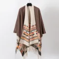 Bohemian knitted shawl poncho with geometric patterns and fringe tassels in brown and beige - Coffee and Beige