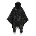 Elegant black knit hooded poncho with grey floral sunflower pattern and fringe tassels - 130X150cm / Black and Gray