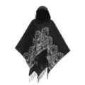 Stylish black floral woven hooded poncho cape with elegant fringe and tassel details - Tops / 130*150cm / Black