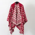 Stylish red and white geometric patterned knitted hooded poncho shawl for women's winter wear - Red