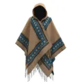 Stijlvolle gebreide poncho met capuchon in beige, blauw hartpatroon en zwarte franjes - Tops / 130*150CM / Khaki