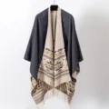 Bohemian geometric knitted shawl poncho with tassel fringe in dark gray and beige - Navy Beige