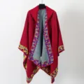 Elegant bohemian red hooded woven cloak for women featuring colorful floral trim detail - 130*150CM / Red