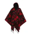 Elegant knitted floral hooded poncho with red tassels for women winter fashion cloak - 130X150cm / Red