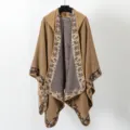 Bohemian brown hooded woven poncho cloak with floral border for women's winter wear - 130*150CM / Khaki
