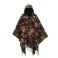Knitted hooded poncho with vintage sunflower floral patterns and tassel fringe details - 130X150cm / Coffee