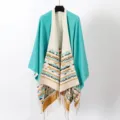 Versatile bohemian knitted shawl poncho with turquoise ethnic pattern and fringe - Dopamine Green
