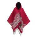 Red hooded knit poncho with beige floral pattern and black tassel fringe details. - Tops / 130*150cm / Rose Red