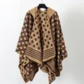 Cozy hooded knitted poncho with brown leaf pattern for women's autumn winter style - Coffee