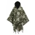 Olive green knitted hooded poncho with white daisy floral pattern and fringe tassels - 130X150cm / Green