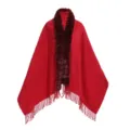Elegant red knitted shawl with luxury faux fur collar and decorative tassel trim for winter. - Robe / Wine Red / 180cm