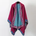 Bohemian style wine red woven hooded poncho shawl with patterned blue lining for women - 130*150CM / Fuchsia Pink