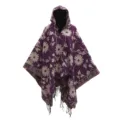 Cozy autumn purple floral knit hooded shawl cape featuring stylish black fringe accents - 130x150cm / Purple