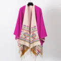 Bohemian vibrant pink knitted shawl poncho with ethnic geometric pattern and tassels - Dopamine Pink