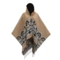 Poncho con capucha tejido con estampado floral y flecos en marrón camello - Tops / 130*150cm / Caqui