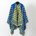 Cozy hooded knitted shawl poncho with blue and yellow geometric patterns for winter - Blue And Yellow