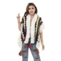 Boho-Strickponcho mit weißem Kunstfellkragen und lebendigen Zickzack-Mustern für Damen - Oberteile / 88x125cm / 1# (Weiß mit bunten Wellen)