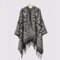 Bohemian style men's knitted poncho featuring fringe hem detail, warm winter shawl cape - Black and Beige Split Scarf