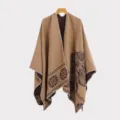 Full detail view of men's winter knit poncho shawl featuring brown floral patterns - Slit Scarf - Floral Feather - Camel
