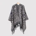 Navy blue patterned men's knit poncho with elegant tassel fringe and warm design - Navy Blue Split Scarf