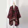 Vintage paisley pattern knitted shawl poncho for winter warmth and elegant style. - Small Paisley / Slit Scarf / Black Red