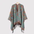 Close-up of ethnic pattern and black fringe on orange knitted poncho - Orange Split Scarf