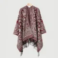 Close-up view of bohemian knitted men's shawl with fringe details and red pattern - Burgundy Split Scarf