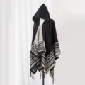 Cozy black and white striped hooded knit shawl with fringe and tassel detail for women - 135x150cm / Black