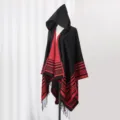 Professional side view of a warm hooded knit shawl with red stripes and fringe detail - 135x150cm / Black Red