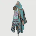 Detailed macro shot of a hooded turquoise knitted bohemian poncho with geometric patterns - Tribal Cipher Poncho - Blue & Camel