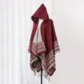 Burgundy and grey striped knit hooded poncho with decorative black fringe detail - 135x150cm / Burgundy