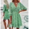 Women green floral midi dress boho short sleeve v-neck waist-cinching summer casual wear. - Green