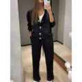 Black knit cardigan and pants set for women, casual two piece outfit, cozy autumn winter style. - S / Top And Bottom / Black