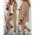 Women plaid casual suit set featuring a stylish blazer and matching trousers for daily wear. - S / Khaki