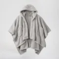 Grey fleece hooded cape shawl, cozy wearable blanket coat for women, warm winter outerwear detail. - One Size / Light Gray