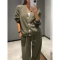 Ensemble cardigan en tricot et pantalon de loisir pour femme, tenue élégante quotidienne. - Vert Militaire