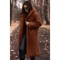 Stylish long plush hooded coat for women, cozy winter outerwear with warm teddy fleece fabric. - S / Red Coffee