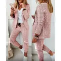 Women pink plaid casual blazer suit set, long sleeve jacket and pants for daily office wear. - S / Pink
